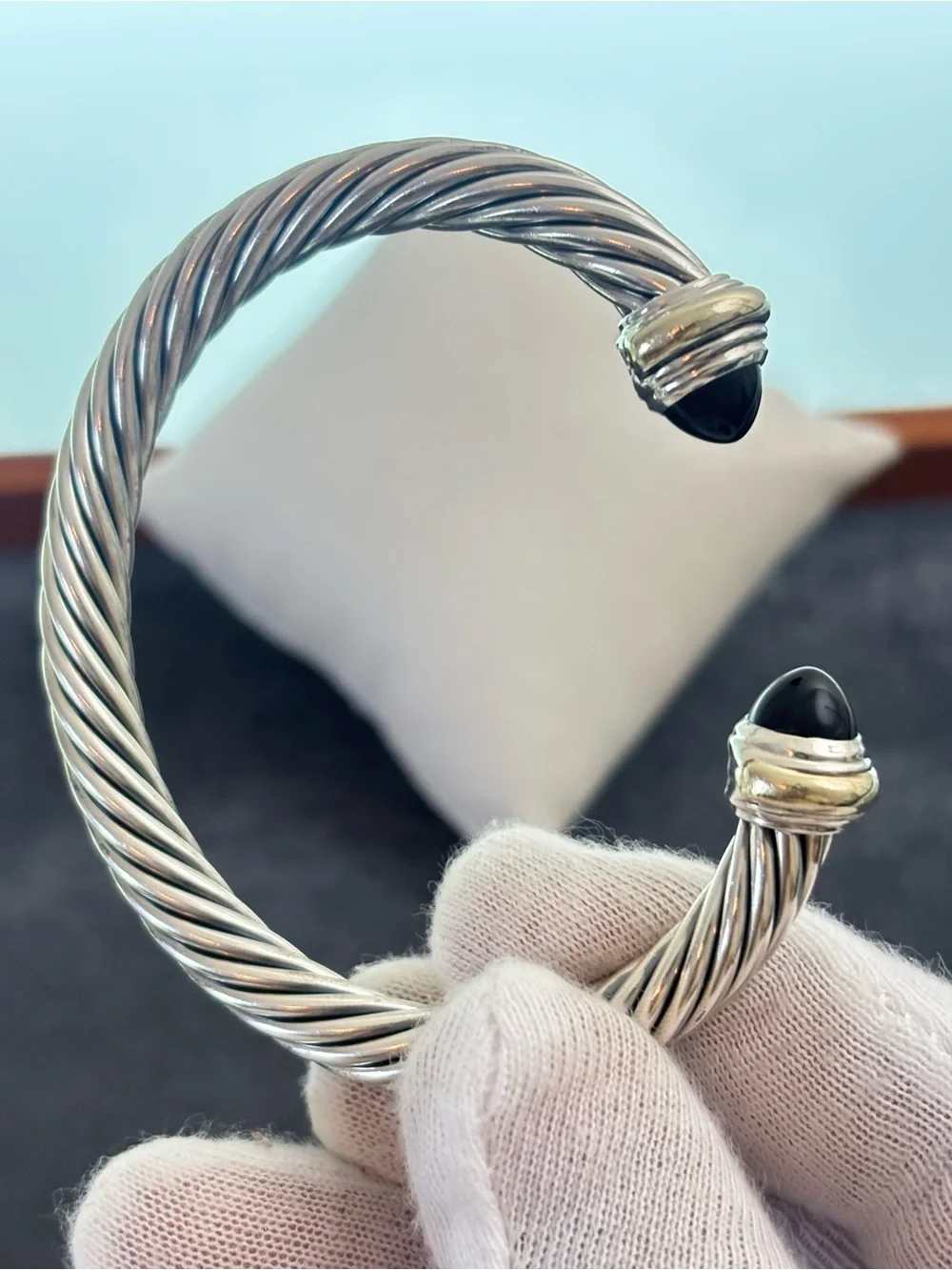 David Yurman 925 & 14k Gold 7mm Bracelet with Black Onyx-Medium